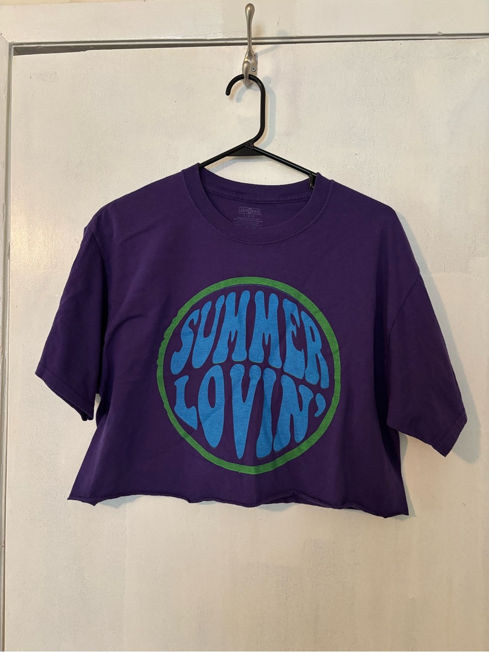 Jerzees Purple Crop Tee with Blue and Green Graphic